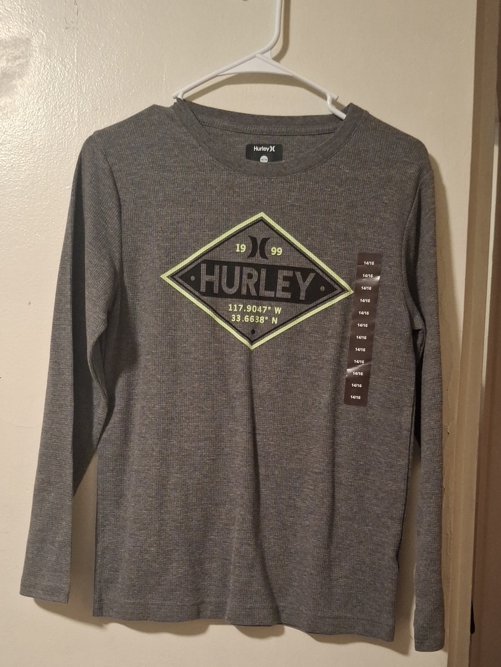 Hurley Gray Long-Sleeve Tee with Lime Trim Logo